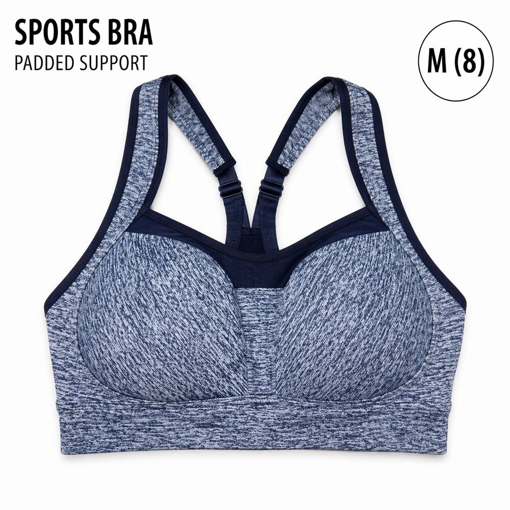 TYR Sports Bra Womens Medium 8 Blue Black Padded Adjustable Straps Gym